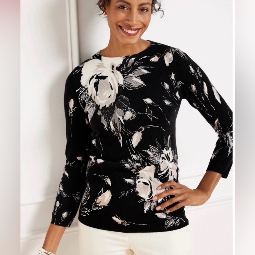 NWT- Talbots Audrey Rosey Bouquet Pure Cashmere Sweater Black/silver accents 3X